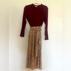 Mixed media maxi dress. Maroon sweater top and animal print bottom.